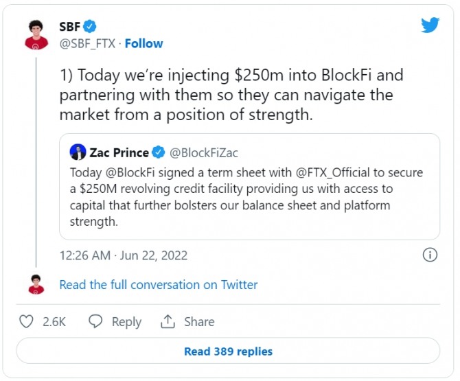 샘 뱅크먼 프리드는 22일 블록파이에 2억5000만 달러를 제공한다고 밝혔다. 사진=트위터