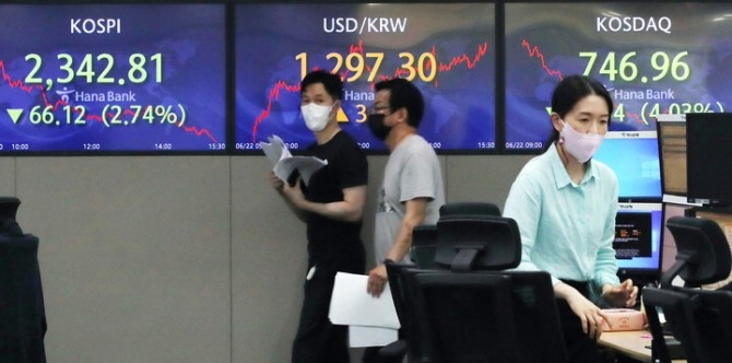22일 오후 서울 중구 하나은행 딜링룸에서 직원들이 업무를 보고있다. [사진=뉴시스]