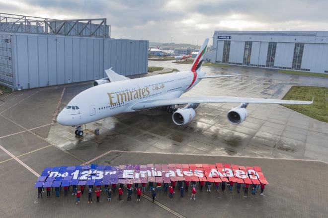 지난 2021년 12월 프랑스 툴루이 공장에서 완성된 123번째 A380. 에어버스사는 에미레이트항공에 인도된 123번째 A380을 끝으로 해당 기종을 단종했다. 사진=에어버스
