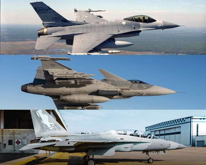 24일 방산업계에 따르면 필리핀 공군의 차세대 주력전투기 선정사업을 놓고 미국 록히드마틴의 F-16V(맨위)과 스웨덴 사브의 그리펜(가운데)이 경합을 벌이는 가운데, 한국항공우주산업(KAI)의 FA-50(맨아래) 개량형이 다크호스로 떠오르고 있다. 사진=각 사 취합