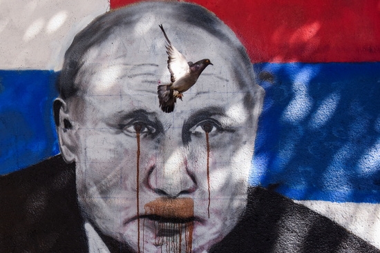 세르비아 베오그라드에서 블라디미르 푸틴 러시아 대통령의 벽화 위를 날아다니는 비둘기. 사진=로이터