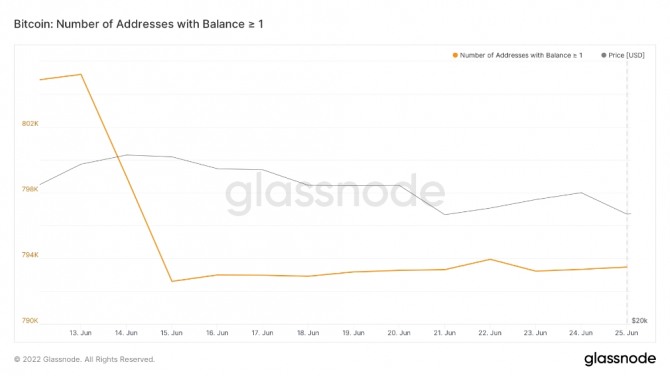 최소 1 BTC가 있는 지갑 주소 수를 보여주는 데이터. 출처= Glassnode