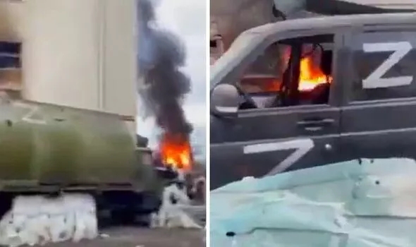 우크라이나 공격 후 화염에 휩싸인 러시아 차량들(이미지: 트위터: 블루사우론)