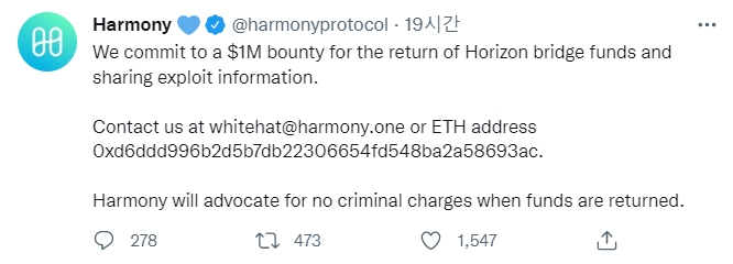 지난 23일 1억 달러의 해킹 피해를 입은 하모니 프로토콜이 25일(현지시간) 해킹범을 잡는 데 100만 달러의 현상금을 내걸었고 발표했다. 사진=트위터