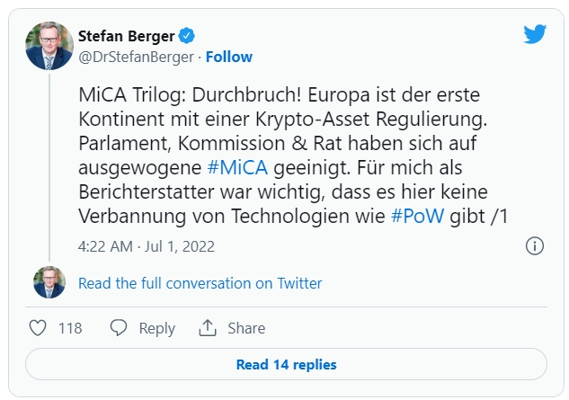 유럽 의회 의원이자 MiCA 규제의 보고관인 스테판 베르거(Stefan Berger)는 트위터에 균형 잡힌 거래가 이루어졌으며, 이는 EU가 암호자산 규제를 가진 첫 번째 대륙이 되었다고 알렸다. 출처=트위터