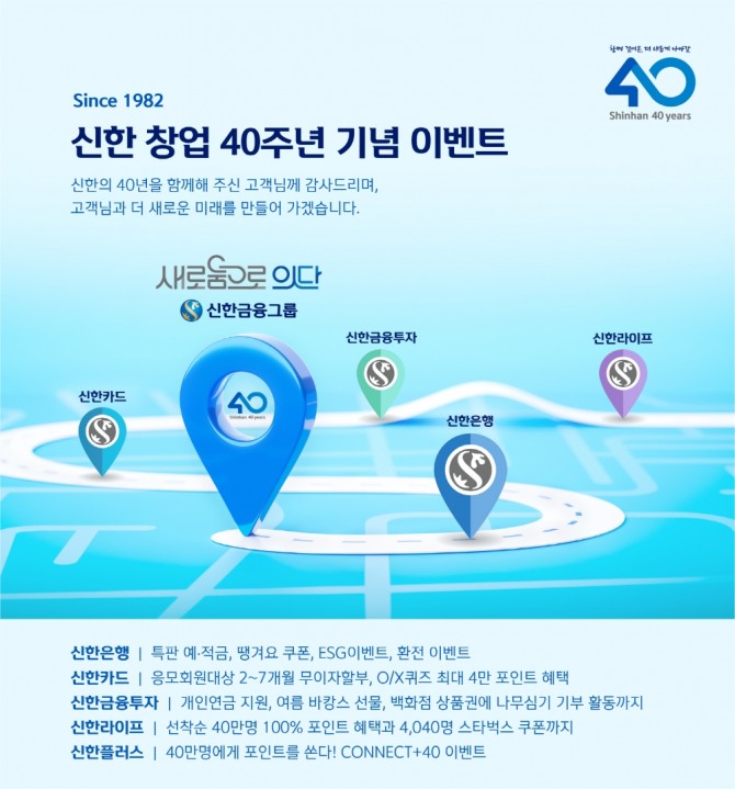 신한금융그룹은 창업 40주년을 기념해 은행·카드·금투·라이프가 모두 참여하는 대고객 이벤트를 실시한다. [사진=신한은행]