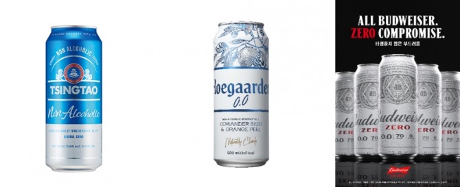 칭따오 논알콜릭 500ml 캔(왼쪽부터), 호가든 제로 500ml 캔, 버드와이저 제로 500ml 캔. 사진=안희진 기자