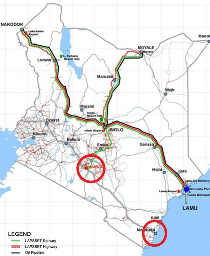 빨간색 원이 고속도로가 건설될 몸바사와 나이로비이다. 사진=글로벌이코노믹