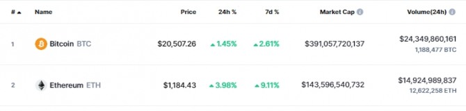 7일(한국시간) 오전 10시 28분 현재 코인마켓캡에서 비트코인(BTC)는 전일 대비 1.45% 상승해 약 2만507달러에 거래됐다. 출처=코인마켓캡