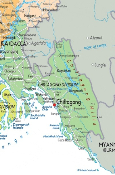 방글라데시 치타공 지역의 지도.