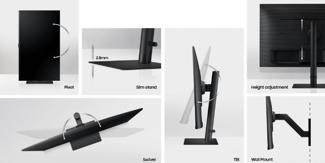 뷰피니티 S8의 인체공학 스탠드는 상하, 좌우, 높낮이 조절이 가능하다. 사진=삼성전자 뉴스룸 캡처