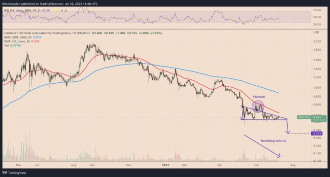 '내림차순 삼각형' 설정이 포함된 ADA/USD 일일 가격 차트. 출처= TradingView