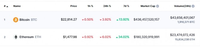 21일 오후 4시 6분 현재 코인마켓캡에서 비트코인(BTC)의 가격은 전일 대비 3.62% 하락해 2만2814달러에 거래됐다. 출처=코인마켓캡