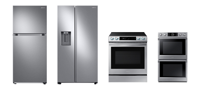 (왼쪽부터) 각 부문 1위를 차지한 상냉동ㆍ하냉장 냉장고, 양문형 냉장고, 레인지, 빌트인 오븐 제품 이미지. 사진=삼성전자