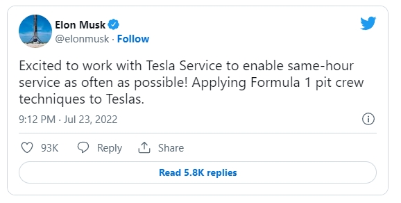 일론 머스크 테슬라 CEO가 지난 23일(현지시간) 테슬라 서비스센터와 관련해 올린 트윗. 사진=트위터