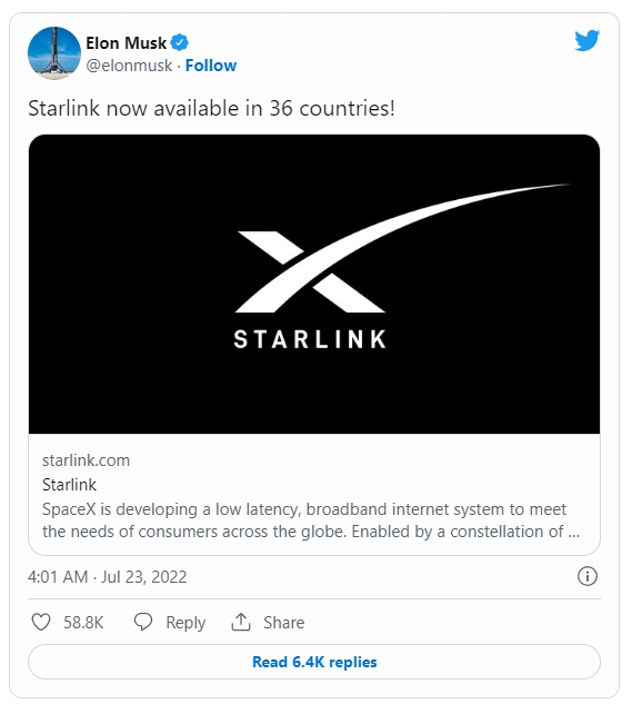 일론 머스크 스페이스X CEO가 지난 23일(현지시간) 스타링크와 관련해 올린 트윗. 사진=트위터