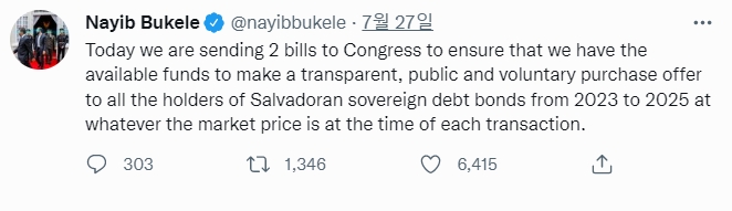 나이브 부켈레(Nayib Bukele) 엘살바도르 대통령이 27일 트위터를 통해 채권 매입 자금을 승인하기 위해 두 개의 법안을 의회에 보낼 것이라고 말했다. 사진=나이브 부켈레 트위터