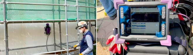 SK이노베이션 울산CLX 구성원들이 고공 크롤러 로봇을 테스트하고 있다. 사진=SK이노베이션 스키노 뉴스 홈페이지 캡처