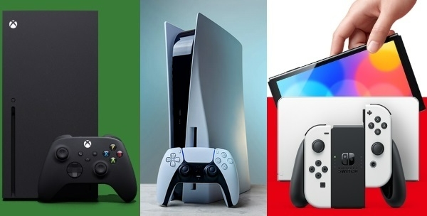 왼쪽부터 마이크로소프트 '엑스박스 X', 소니 '플레이스테이션 5', 닌텐도 '스위치 OLED 모델'. 사진=각 사