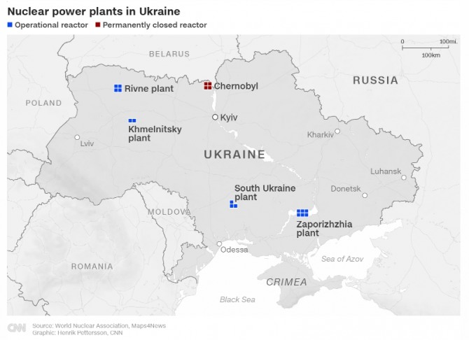 우크라이나의 주요 원자력 발전소 위치. 동남부 지역에 위치한 것이 자포리자 원전이다. 사진=CNN