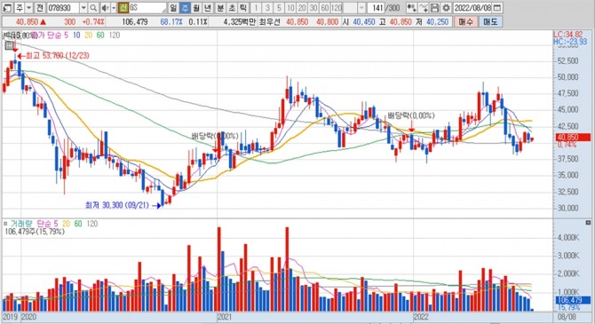 GS의 지난 2019년 12월부터 올해 8월 8일까지의 주가 변동 추이. 자료=키움증권