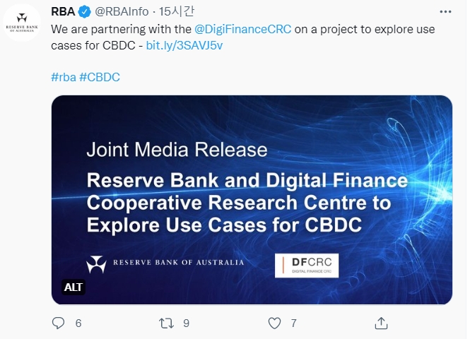 호주 중앙은행(RBA)이 9일 중앙은행이 주도하는 디지털 통화(CBDC)의 사용 사례와 잠재적인 경제적 이점을 탐색하기 위해 '제한된 규모의 파일럿을 개발할 것이라고 밝혔다. 사진=RBA 트위터