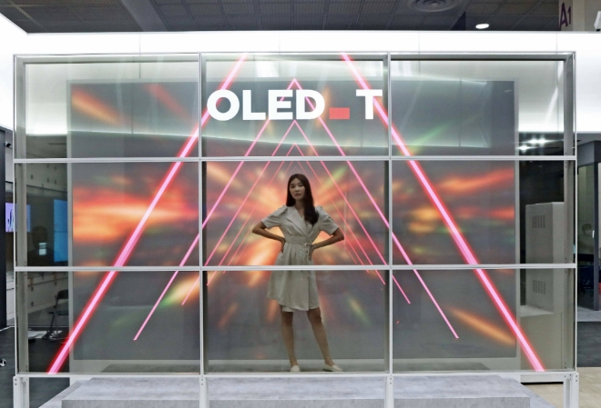 10일 서울 코엑스에서 열린 'K-디스플레이 2022'에서 55인치 투명 OLED 9대로 홀로그램을 구현한 LG디스플레이 '투명 포토월'을 체험하는 모습. 사진=LG디스플레이