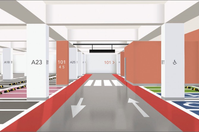 컬러 유니버설 디자인을 적용한 지하주차장 예시. 사진=코오롱글로벌