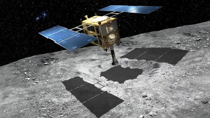 일본 소행성 탐사선 하야부사2가 소행성 류구에서 샘플을 채취하고 있다.