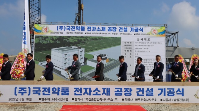 (왼쪽에서 다섯번째)국전약품 홍종호 대표이사가 18일 열린 전자소재 공장 건설 기공식에서 기념촬영을 하고 있다. 사진=국전약품