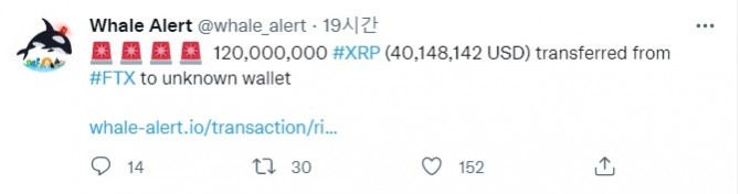 암호화폐 대형 투자자인 고래의 움직임을 추적하는 웨일 얼랏은 지난 22일(현지시간)  FTX 거래소에서 알수 없는 지갑으로 1억2000만XRP가 전송됐다고 밝혔다. 출처=웨일 얼랏 트위터