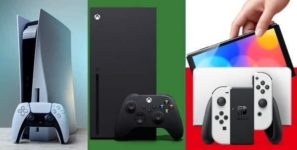 왼쪽부터 소니 '플레이스테이션 5', 마이크로소프트 '엑스박스 X', 닌텐도 '스위치'. 사진=각 사