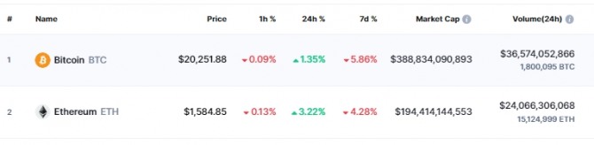 31일 밤 11시 39분 현재 코인마켓캡에서 비트코인(BTC)가 전일 대비 1.35% 상승해 2만251달러를 기록했다. 출처=코인마켓캡