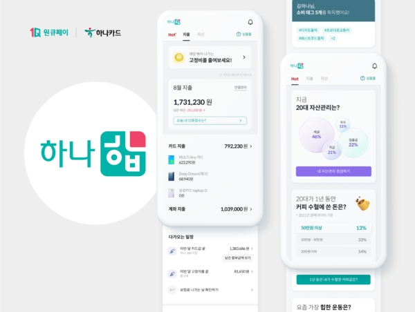 '원큐페이' 앱. 하나카드가 마이데이터를 활용해 다양한 서비스를 제공하기 위해 '원큐페이' 앱을 새롭게 개편했다고 1일 밝혔다. 사진=하나카드