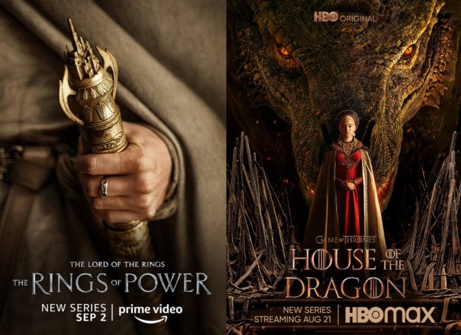 아마존 프라임 비디오의 ‘힘의 반지’ 포스터(왼쪽)와 HBO의 ‘하우스 오브 드래곤’ 포스터. 사진=아마존프라임비디오/HBO맥슨