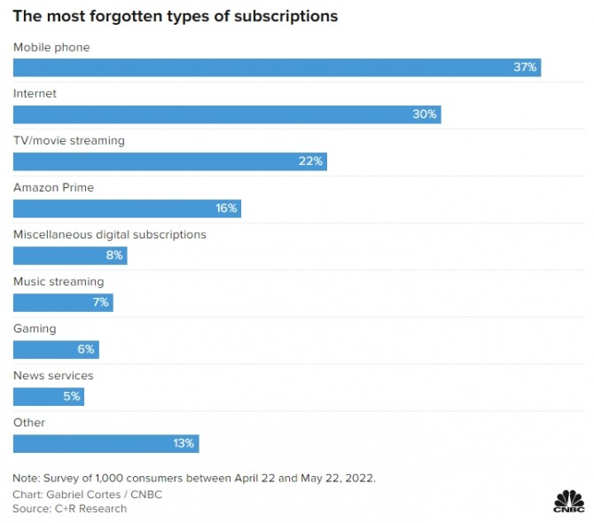 미국 소비자들이 매달 돈이 나가고 있는 사실을 깜빡한 구독 서비스 유형. 사진=C+R 리서치/CNBC