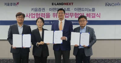 김지원 이랜드이노플 대표(왼쪽부터), 문옥자·장영학 이랜드넥스트 대표, 김희재 키움증권 리테일총괄본부장. 사진=이랜드