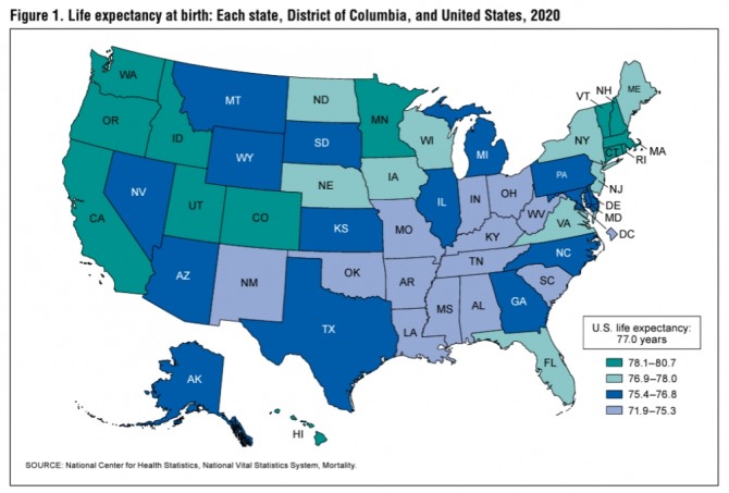 미국의 주별 기대수명 현황. 사진=CDC