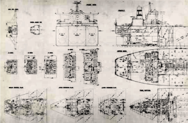 1971년 현대가 스코트리스고우로부터 임대해 온 VLCC(초대형원유운반선) 설계 도면. 사진=현대중공업