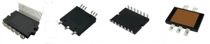 아이에이가 국산화해 전시회에 출품한 제품들. 왼쪽부터 EPS용 전력모듈, DCDC Converter용 SiC 전력모듈, 고용량 워터펌프용 IGBT 전력모듈, Traction Motor용 SiC 전력모듈