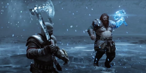 '갓 오브 워 라그나로크' 예고 영상에서 크레토스(왼쪽)이 토르와 대치하고 있다. 사진=소니IE 유튜브