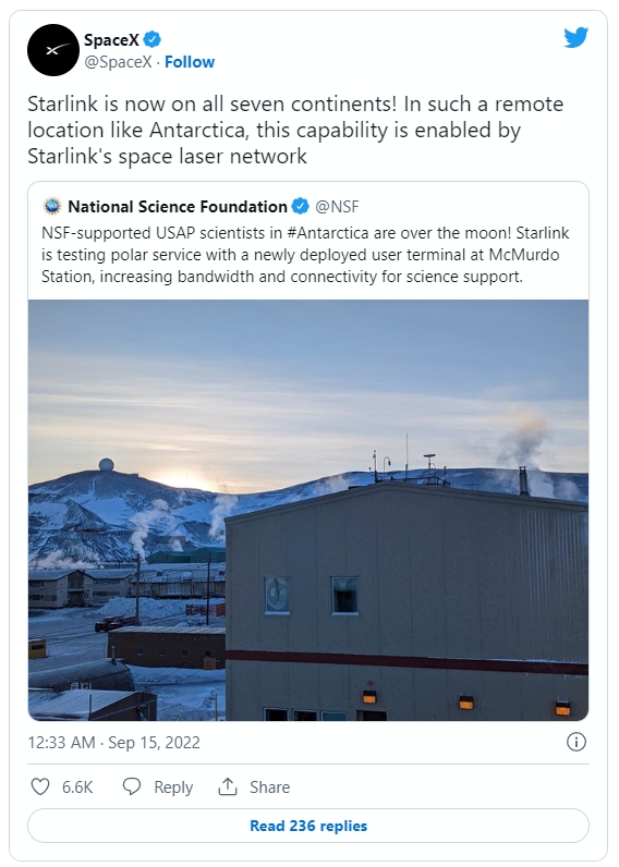 스페이스X가 14일(현지시간) 맥머도 남극관측기지에 스타링크 서비스가 제공되기 시작했다며 올린 트윗. 사진=트위터