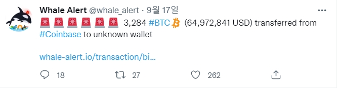 익명의 비트코인 고래가 지난 17일 약 902억 원 상당의 가치가 있는 3284BTC를 코인베이스에서 알 수 없는 지갑으로 전송했다. 사진=트위터