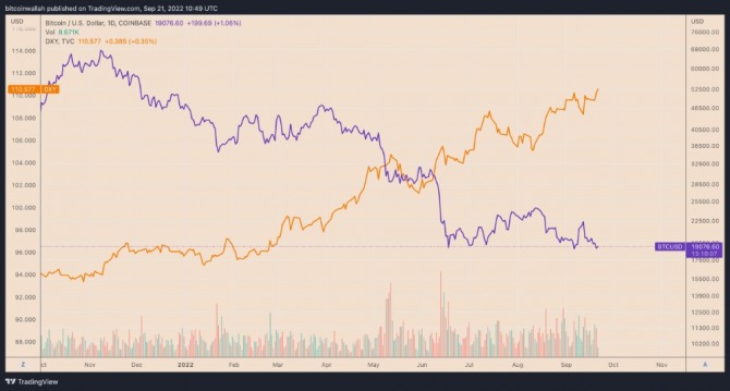 비트코인(BTC)/달러(USD) 대 미국 달러지수(DXY) 1일 가격 차트, 출처=트레이딩뷰