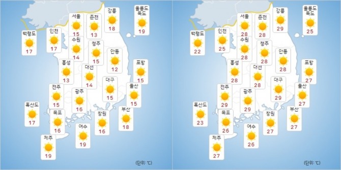 (왼쪽부터) 30일 최저기온과 최고기온 [사진=기상청]