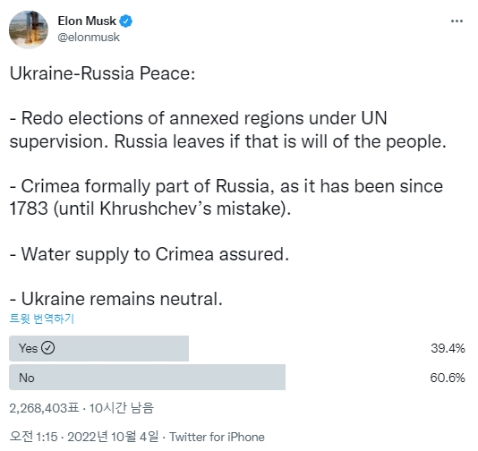 일론 머스크 테슬라 CEO가 지난 3일(현지시간) 트위터에 올린 ‘우크라이나 사태 평화 중재안’ 관련 설문조사. 사진=트위터