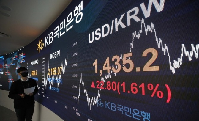 11일 서울 여의도 KB국민은행 딜링룸에서 딜러들이 업무를 보고 있다. [사진=뉴시스]