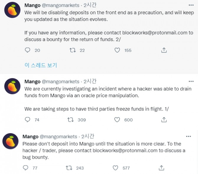 솔라나 기반 분산 금융플랫폼 망고가 11일 1억 달러 상당의 해킹 피해를 입었다. 출처=트위터