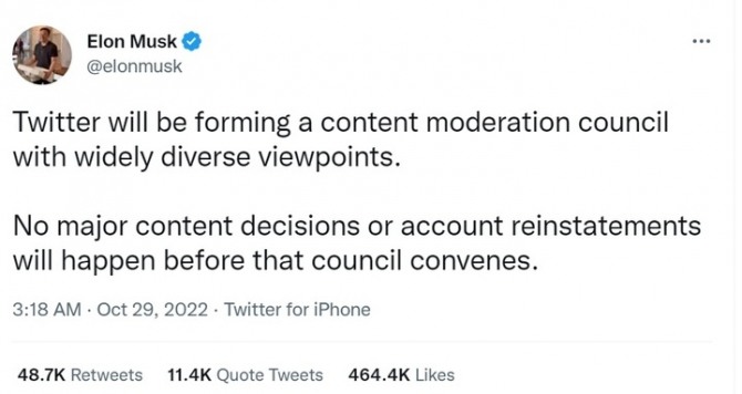 일론 머스크 테슬라 최고경영자(CEO)는 28일(현지시간) 트위터 내에 콘텐츠 관리위원회를 구성하겠다고 밝혔다.