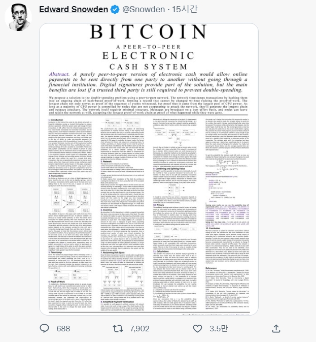 세계 최초의 암호화폐를 제시한 문서인 비트코인 ​​백서(Bitcoin Whitepaper)가 31일(현지시간) 세상에 나온지 14주년을 맞았다. 출처=잭 도시 트위터 
